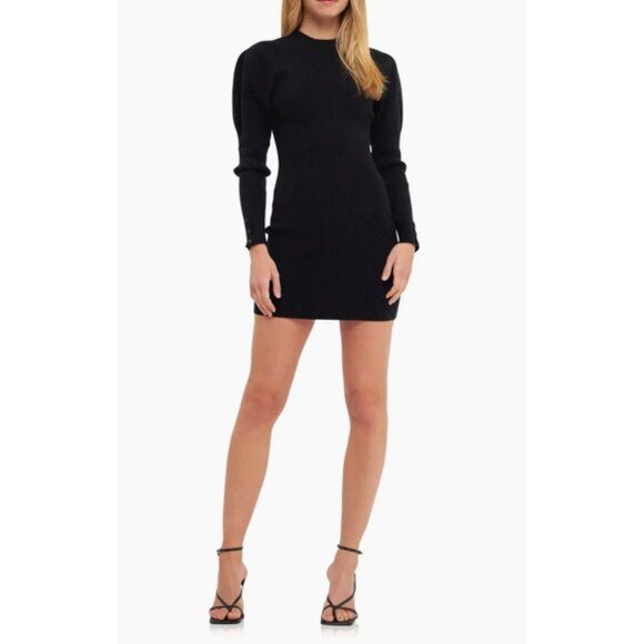 NWT Endless Rose Long Sleeve Sweater Dress Black Knit Size Small Puff Sleeves - Picture 1 of 4